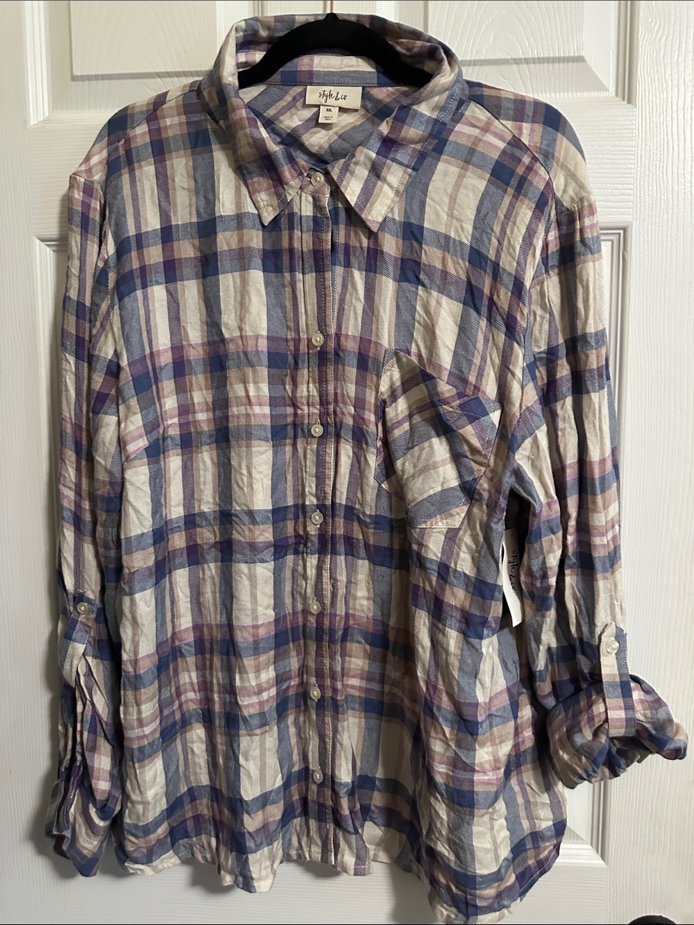 Style & Co. Plaid Button-Down Shirt in Blue, Purple, Cream NWT XXL Blitz Plaid